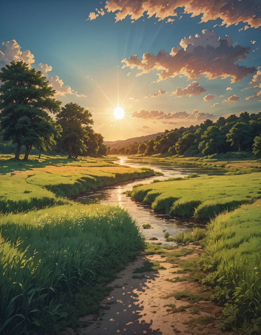 High resolution,High Definition,high quality,landscape,,blue sky,along the river,hiking trail background painting, summer field, grass and trees, Channels, summer sky and incoming clouds, clear contrast between sun and shadow, 8khdr serene sunset