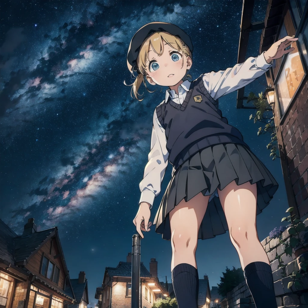 cute、daily、White Shirt、Sweater vest、(Checked Skirt)、beret、(from below) 、Starry Sky、on the cobblestone、Night cityscape