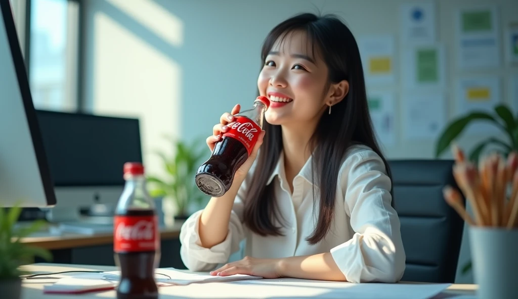 A happy Korean woman, excitedly drinks Coca-Cola at an office, desk, in the workplace, sitting at a desk with a computer and many documents on it, in daylight, cool light,