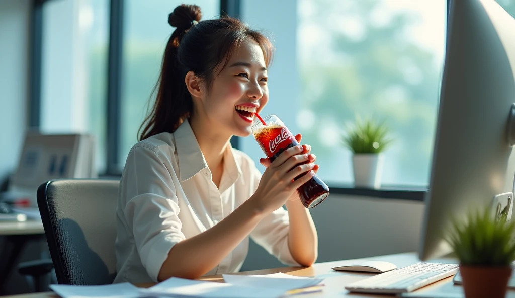 A happy Korean woman,  excitedly drinks Coca-Cola at an office, desk, in the workplace, sitting at a desk with a computer and many documents on it, in daylight, cool light, 