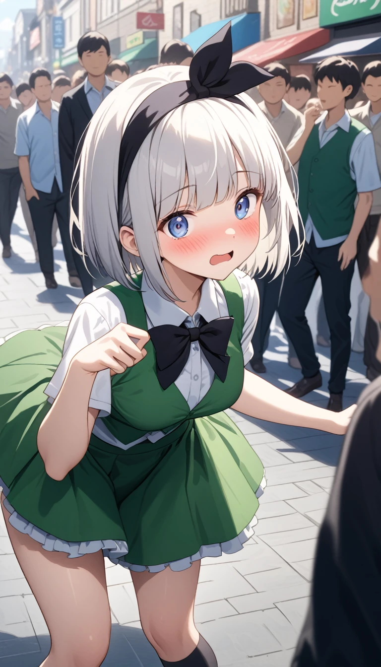 Long shot,ground shot, ground shot,glowing skin, high quality, masterpiece,beautiful girl, konpaku youmu, 1girl, white hair, short hair, blunt bangs, blue eyes
hairband, hair ribbon, black ribbon, black bowtie, white shirt, collared shirt, green vest, green skirt, socks, not wearing underwear,unique, (very beautiful face,wink,blushing face),young,break,(sexy pose:1.3),top-down bottom-up, lift up the skirt,break,shopping street in the daytime,(surrounded by a crowd, (surprised and noticed by many people))