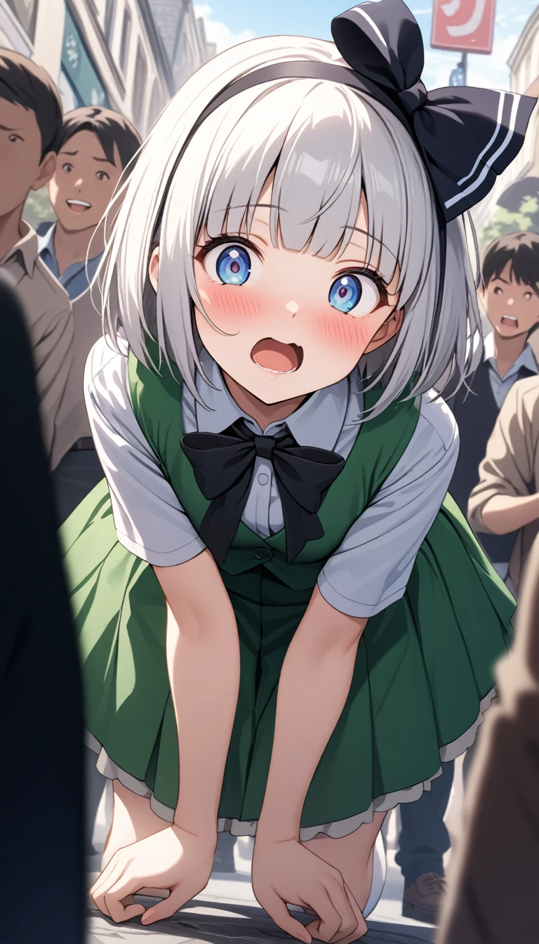 Long shot,ground shot, ground shot,glowing skin, high quality, masterpiece,beautiful girl, konpaku youmu, 1girl, white hair, short hair, blunt bangs, blue eyes
hairband, hair ribbon, black ribbon, black bowtie, white shirt, collared shirt, green vest, green skirt, socks, not wearing underwear,unique, (very beautiful face,wink,blushing face),young,break,(sexy pose:1.3),top-down bottom-up, lift up the skirt,break,shopping street in the daytime,(surrounded by a crowd, (surprised and noticed by many people))