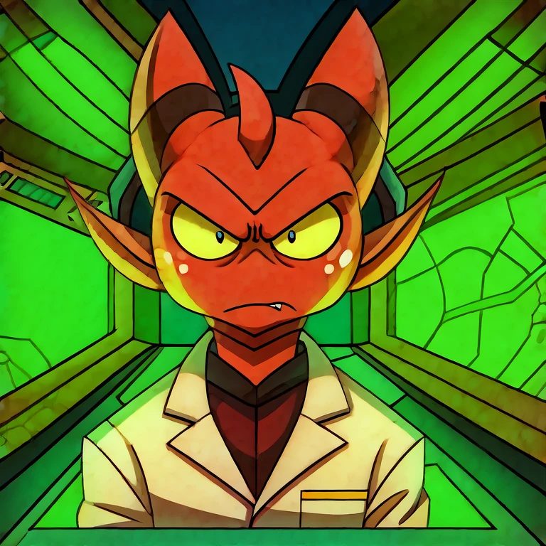 (masterpiece, best quality:1.2), Imp, angry serious face, wearing scientist clothes, futuristic laboratory background