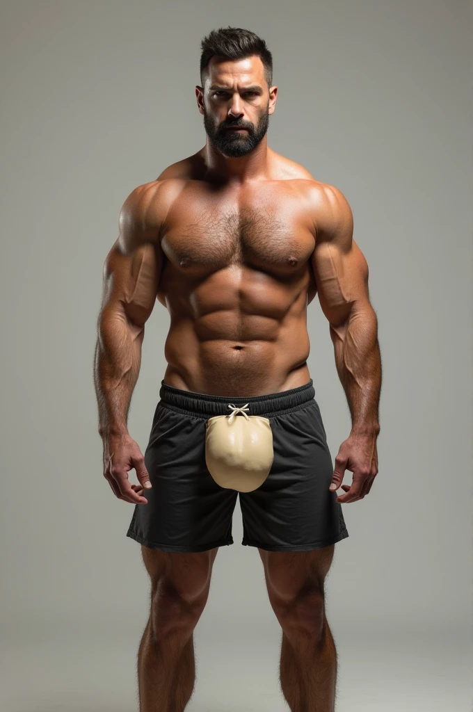 A realistic man with a large penis marking on his shorts. Shirtless man. Normal hairy body