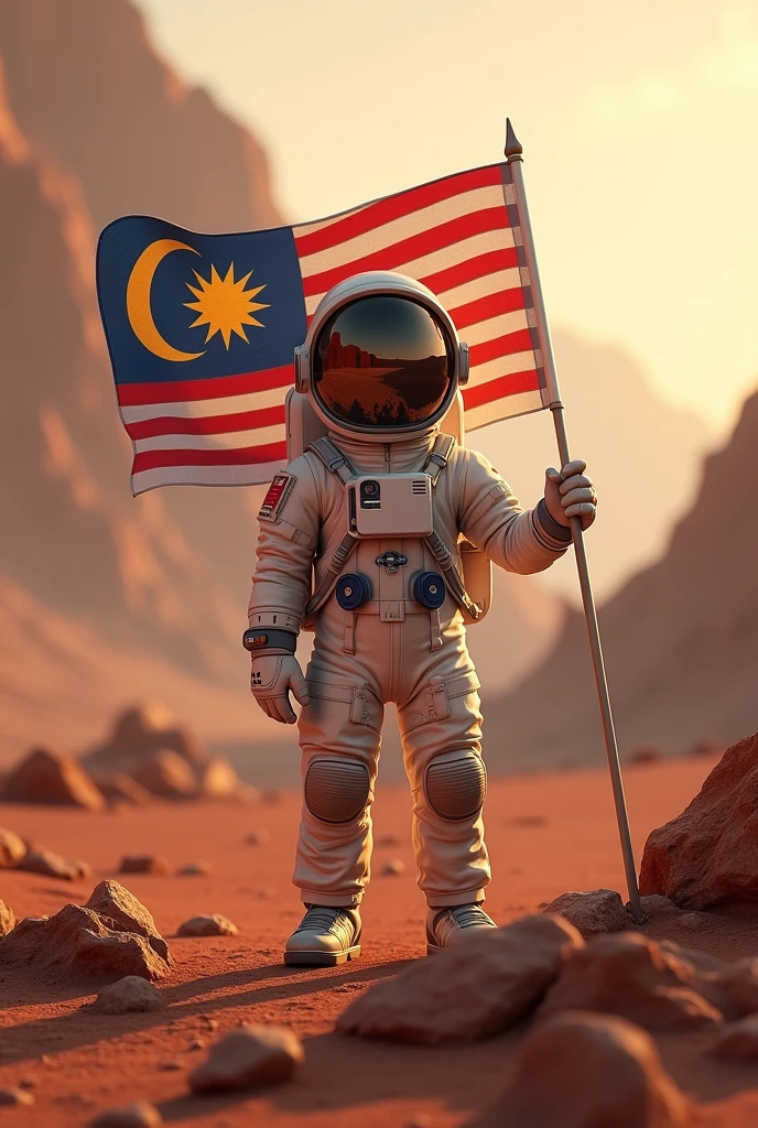 a Malaysia flag on the mars ,Malaysia astronaut taking a selfie,detailed space suit,detailed Malaysia flag,detailed lunar landscape,dramatic lighting,cinematic angle,hyperrealistic,photorealistic,8k,unreal engine,stunning,vibrant colors,dramatic shadows,volumetric lighting,intricate details
