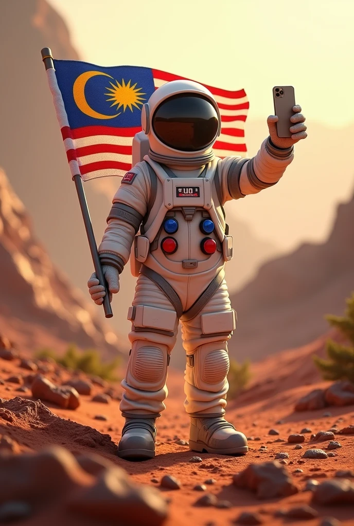 a Malaysia flag on the mars ,Malaysia astronaut taking a selfie,detailed space suit,detailed Malaysia flag,detailed lunar landscape,dramatic lighting,cinematic angle,hyperrealistic,photorealistic,8k,unreal engine,stunning,vibrant colors,dramatic shadows,volumetric lighting,intricate details