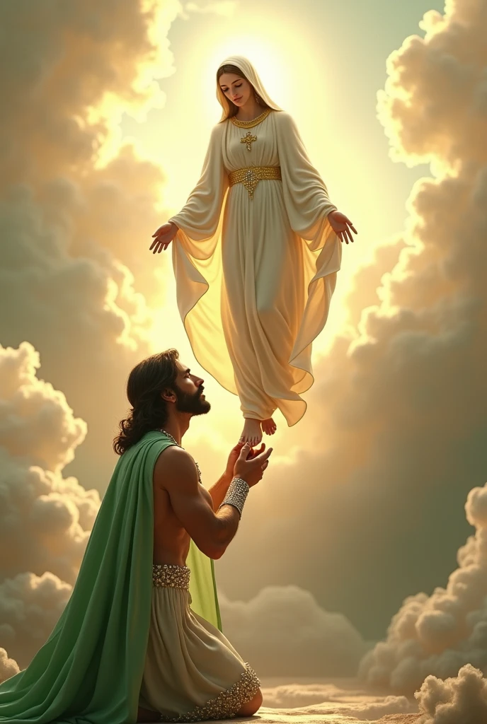 (photorealism:1.2), handsome and hunk Jesus Christ, kneel and kissing  the foot of virgin Mary floating from the heaven that sorrounded of many clouds, wearing and cover his body of the elegant lime gown of the king sorrounded of many diamonds with light in his head and heart spreading all over, the eyes is close while praying, real five finger, real feet, real beautiful hair, real image, heaven outdoors, bright lighting, clouds in background, beautiful light, real heaven and clouds, relaxed pose, realistic, intricate details, bright colors,