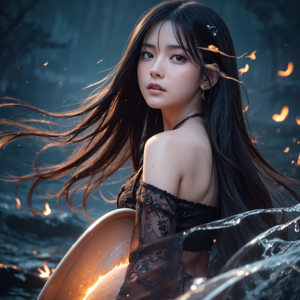 zrpg style, from_side from_下の水でできた美しい恐ろしいwoman (Sad expression:1.2) woman (Long water hair:1.2) 水from立ち上がる苔、cigarette、Vine、swirling water、fire Fly、midnight、moonlight、Backlight (masterpiece:1.2) (Highest quality) (detailed) (Complex) (8k) (High resolution) (wallpaper) (Cinema Lighting) (Sharp focus)