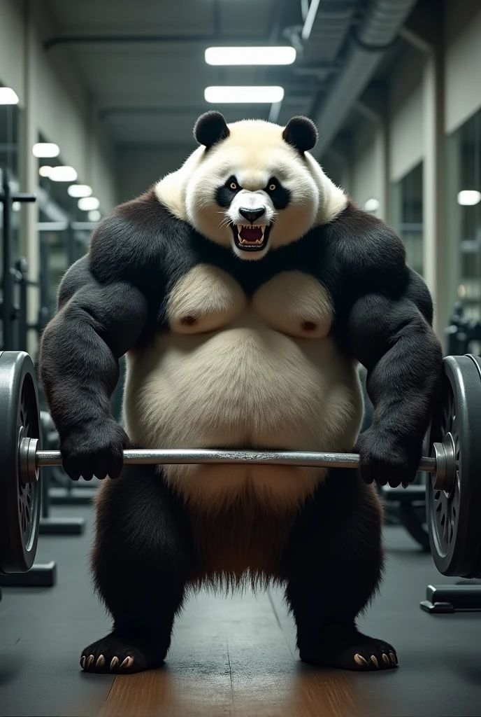 muscular funny panda, barbell exercise, angry face, bodybuilder, 8k