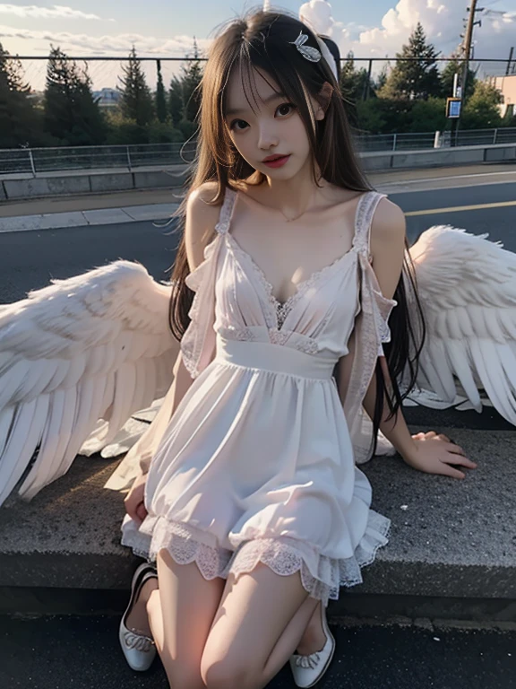 32K, Raw photo, Photorealistic, (Detailed skin, Best Quality:1.2), seductive succubus, (silver pink wings), Teenage Korean kpop idol girl with white angel wings flying high in the evening sky, ((see through evening dress, white lace dress)), (((flat chest:1.4))), (light blonde hair, long straight hair), (Neat face, pale skin), full body shot, translucent black cloth is wrapped around the body, thighs, sunset sky high, sunset light,Beautiful nipples,Light clothing,Are thin,