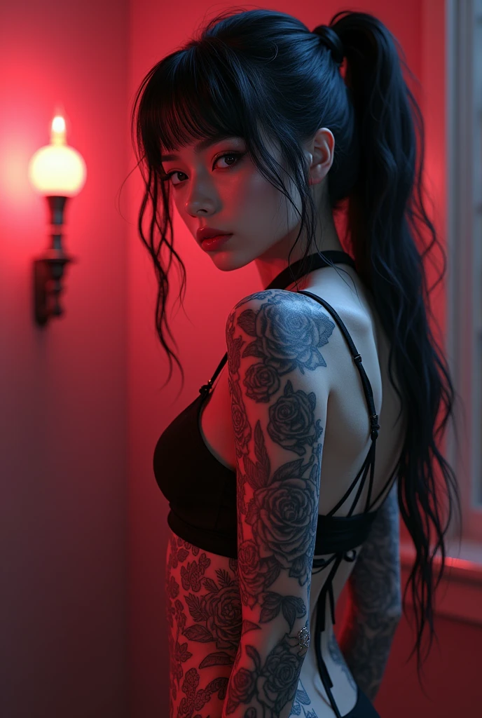A captivating 3D render of a young woman in a dark fantasy-inspired full lips nice ass, whith her back to camara outfit, adorned with intricate tattoos. The tattoos blend illustrative realism with mechanical realism, poolcore, and honeycore, creating a striking red and pink color palette that adds a touch of trashcore. , her piercing gaze draws the viewer in. The cinematic atmosphere and lighting create a mystical and immersive experience, while conceptual art elements transport the viewer into the enchanting, otherworldly realm of this mesmerizing character.