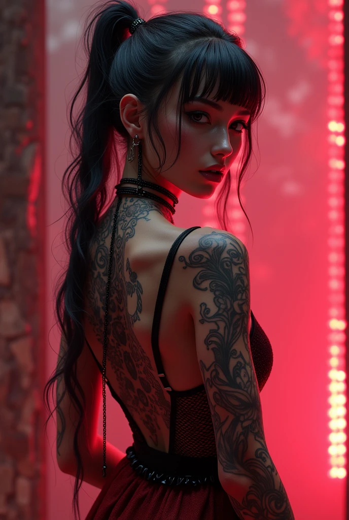 A captivating 3D render of a young woman in a dark fantasy-inspired full lips nice ass, whith her back to camara outfit, adorned with intricate tattoos. The tattoos blend illustrative realism with mechanical realism, poolcore, and honeycore, creating a striking red and pink color palette that adds a touch of trashcore. , her piercing gaze draws the viewer in. The cinematic atmosphere and lighting create a mystical and immersive experience, while conceptual art elements transport the viewer into the enchanting, otherworldly realm of this mesmerizing character.
