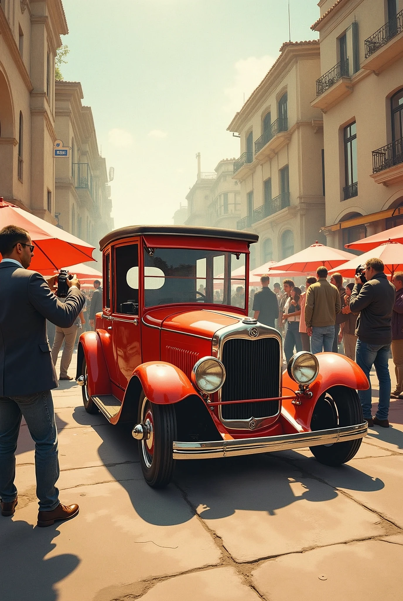 fusion of oil and watercolor paintings, retro car shaped like horse-drawn carriage, photo session, and many photographers taking photos, (ultra detailed, absolutely resolution, best quality:1.3), 2.5D, delicate and dynamic, artistic photography, hyper realistic, graphic CG digital sepia color art