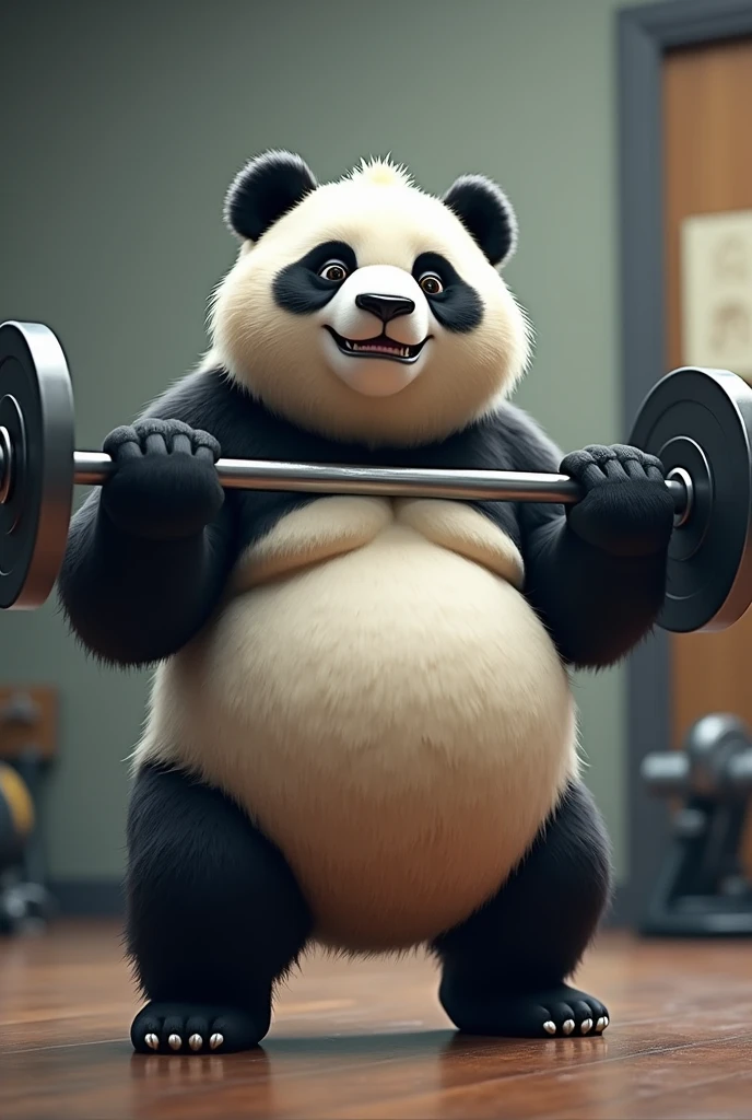 muscular funny panda, barbell exercise, lazy face, bodybuilder, 8k