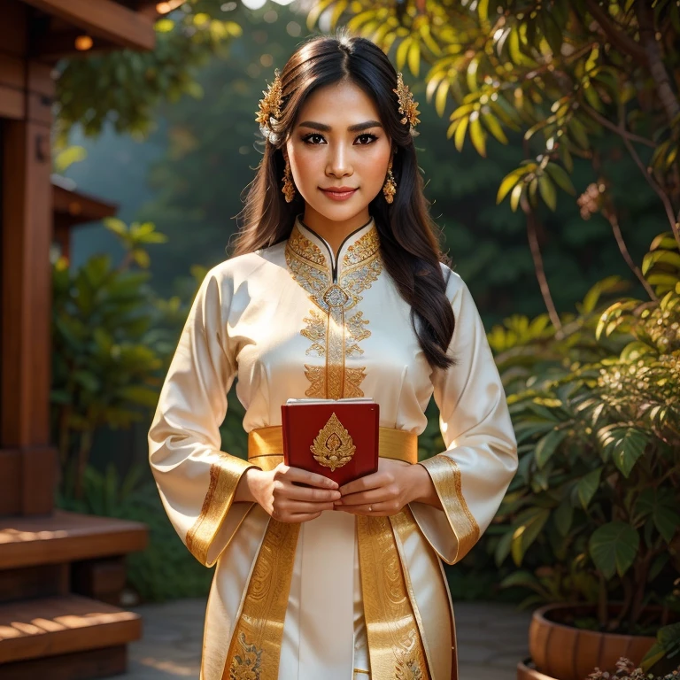 Generate a realistic portrait of a Thai woman in traditional attire using Unreal Engine 5. She is dressed in an elegant white Thai dress with intricate details, holding a book delicately in her hands. The portrait should capture both beauty and strength, with a focus on her detailed facial features, soft hair, and radiant smile.
The style should be realistic rather than cartoonish, emphasizing the natural beauty of the Thai woman. Ensure the image has high fidelity with detailed textures and realistic color grading. Use advanced rendering techniques in Unreal Engine 5, including photorealistic lighting, shadowing, and high-resolution textures to achieve an exceptional quality portrait.
The final image should be a masterpiece, showcasing the woman's grace and strength with vibrant colors and lifelike details. Render the image in 8k resolution to ensure the highest level of detail and realism.