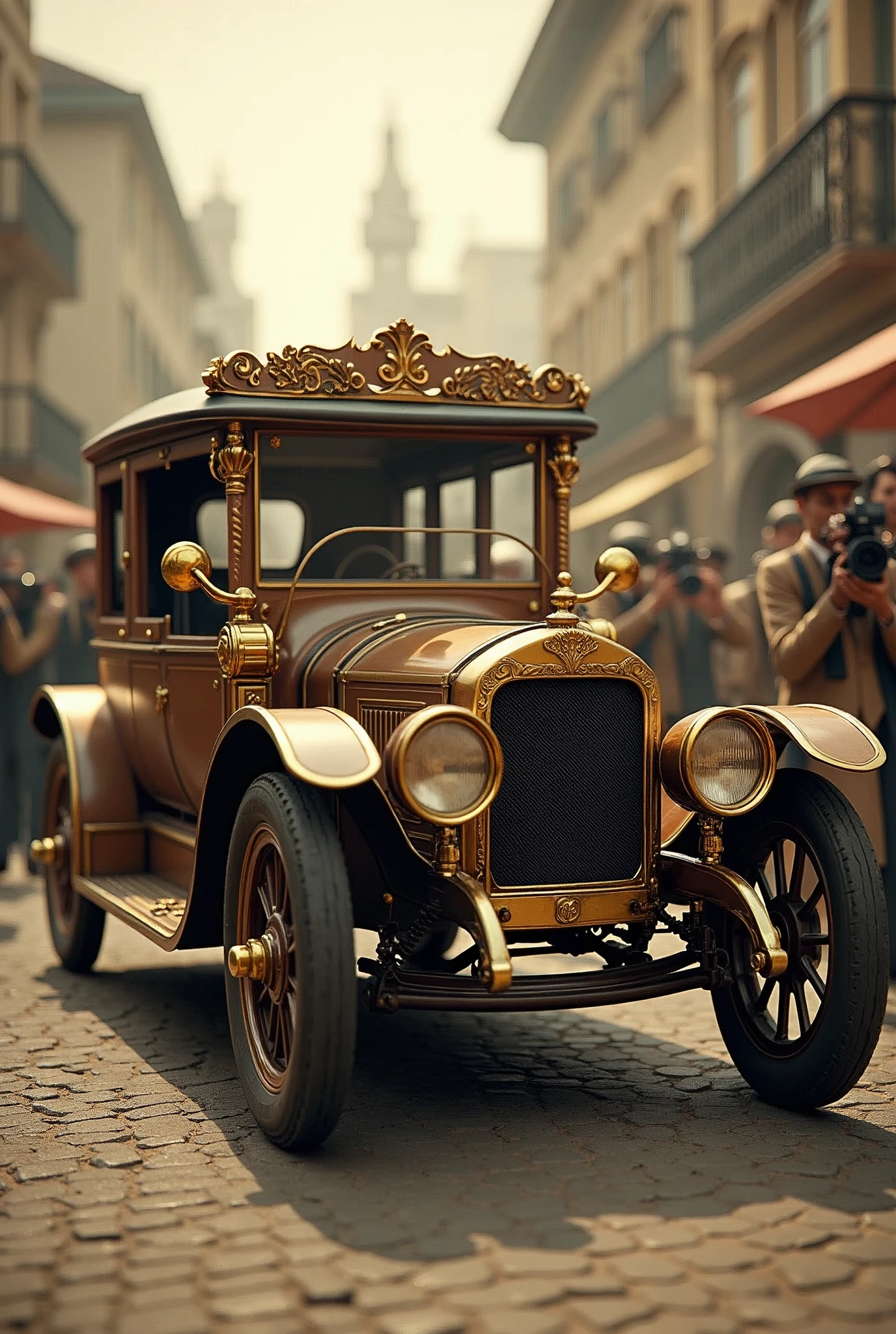 retro car shaped like horse-drawn carriage, photo session, and many photographers taking photos, (ultra detailed, absolutely resolution, best quality:1.3), 2.5D, delicate and dynamic, artistic photography, hyper realistic, graphic CG digital sepia color art