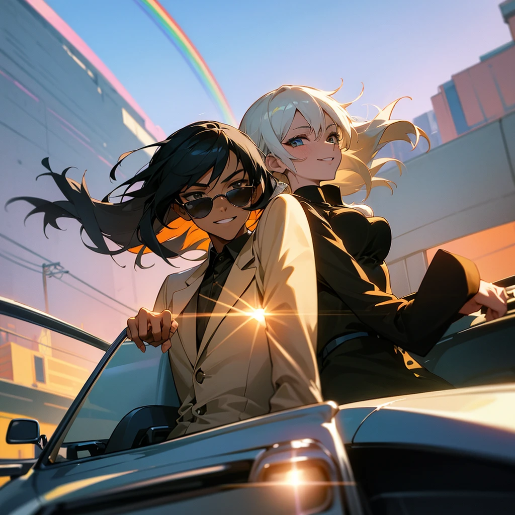 An anime style man and a woman with light tanned skin driving a car in an urban street. They both wear elegant black clothes and sunglasses. They are happily smiling. It's sundown and there's a rainbow