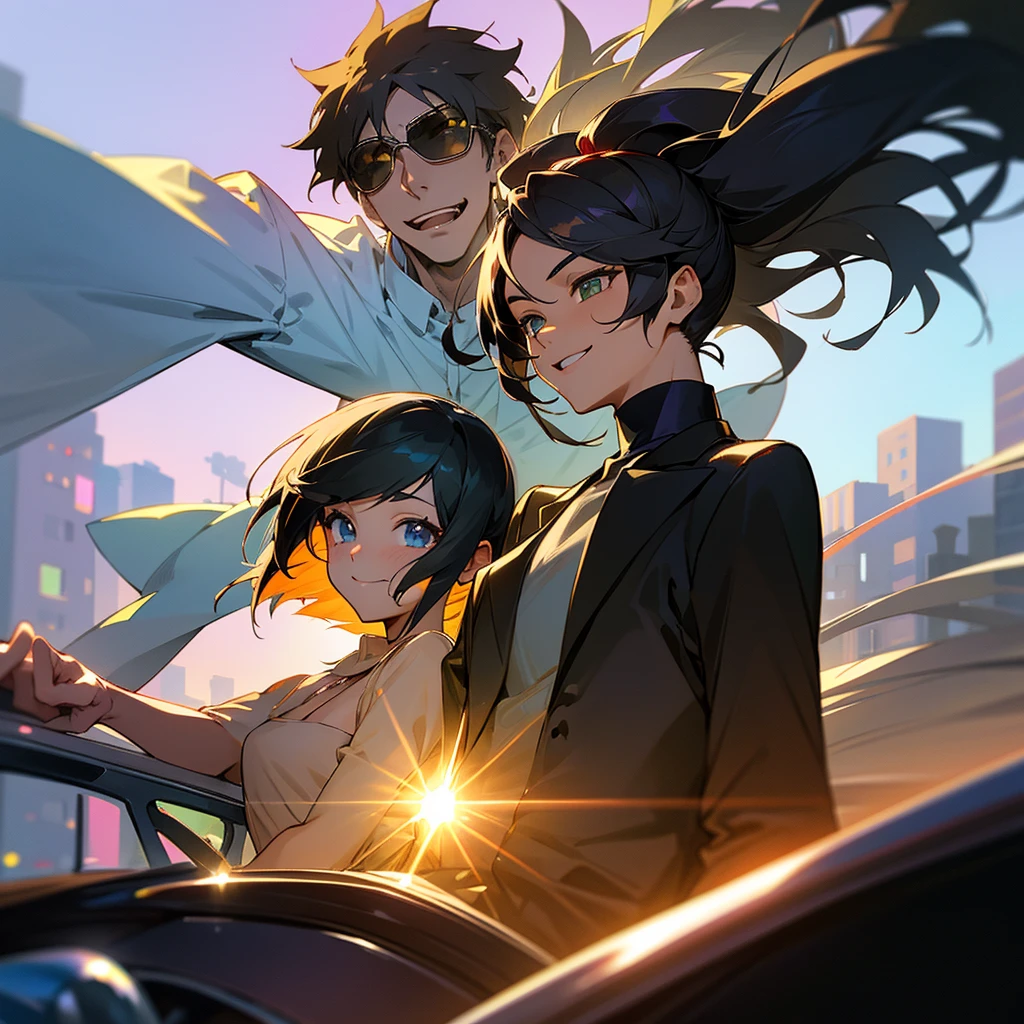 An anime style man and a woman with light tanned skin driving a car in an urban street. They both wear elegant black clothes and sunglasses. They are happily smiling. It's sundown and there's a rainbow 