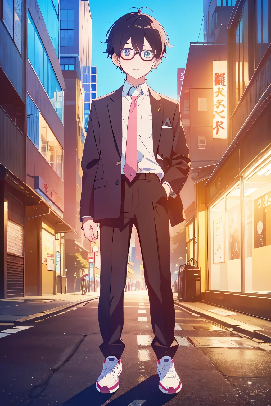 ((Best Quality)), ((masterpiece)), (detailed), 1 chico, Fuchsia hair, big glasses, defined nose, sky blue eyes, beautiful eyes, black pants, black long sleeve shirt, sneakers, shoes, delgado, black shoes, Tokyo streets at night, White skin, shy, 10 years, Whole body, NSFW, blushing boy, short boy, pink lips, head on, ((vista head on)) small boy. Very small boy, streets of tokyo at night. Short boy, standing, standing. streetlights on ,yellow lights, Japanese stores, office boy, formal boy.