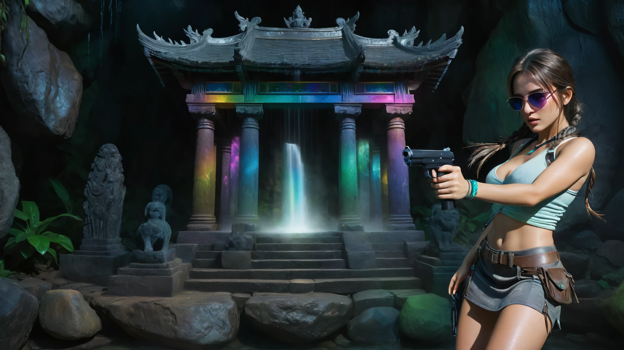 colorful all-glass ancient temple, stone statue, mysterial signs, rainbow colors waterfalls, sparkling effects, amospheric fog. At night, (1girl, solo), photorealistic, medium-breast:1.3 slim body, cleavage, tomb raider style costume with miniskirt, (matrix style black sunglasses, holding a short gun), half-body thigh level medium shot, cinematic lighting, ray tracing.