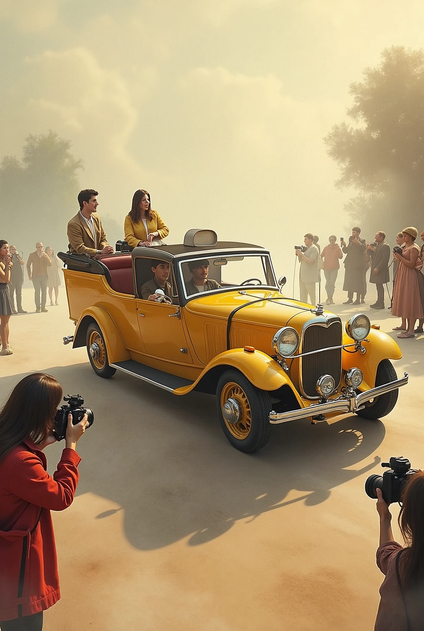 fusion of oil and watercolor paintings, retro car shaped like horse-drawn carriage, photo session, and many photographers taking photos, (ultra detailed, absolutely resolution, best quality:1.3), 2.5D, delicate and dynamic, artistic photography, hyper realistic, graphic CG digital sepia color art