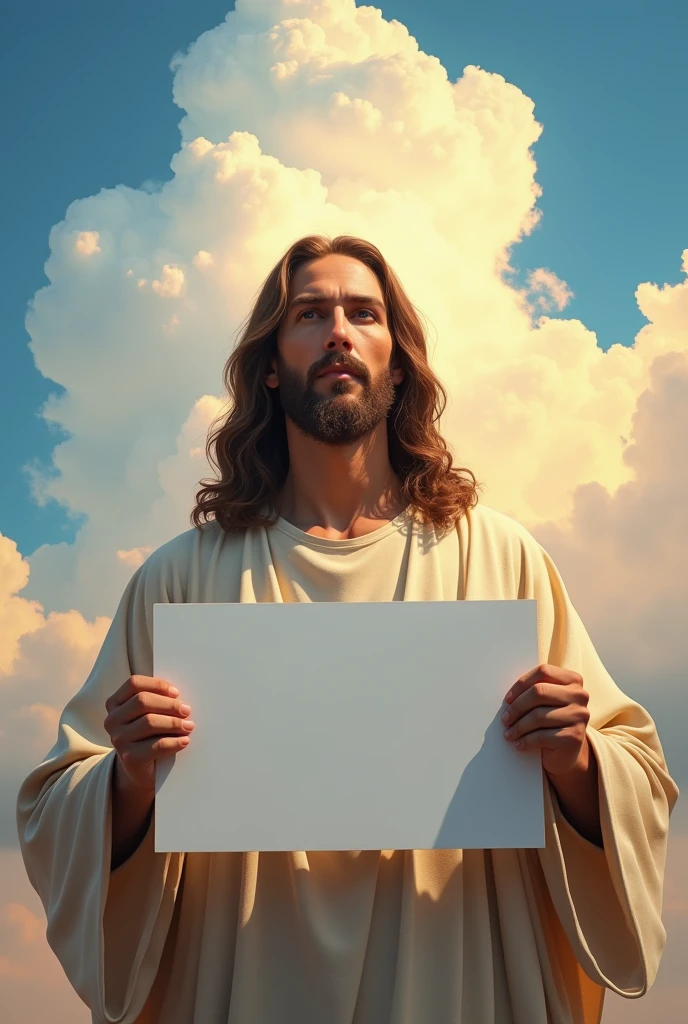 Wonderful Jesus Christ holding a blank sign with a splendid sky in the background