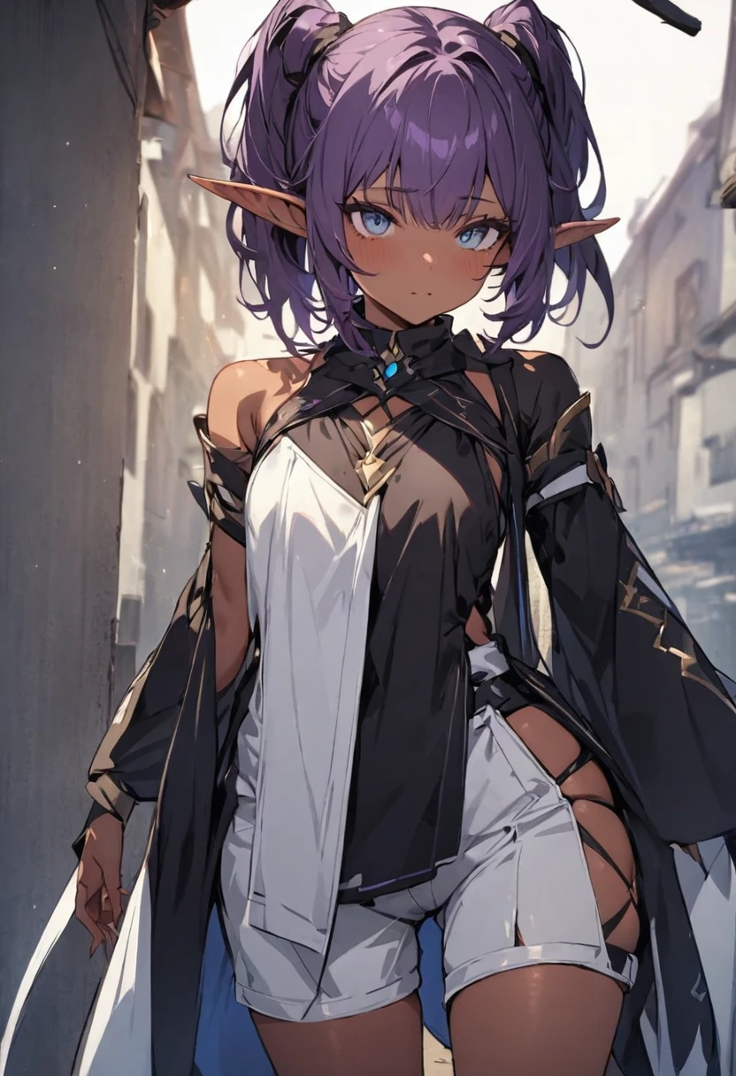 (masterpiece),(best quality), (uitra detailed),One Woman,dark skin:1,2,(dark purple hair),(blue eye),White and black attire:1.2,Shorts:1.2,Elf Ears:1.2