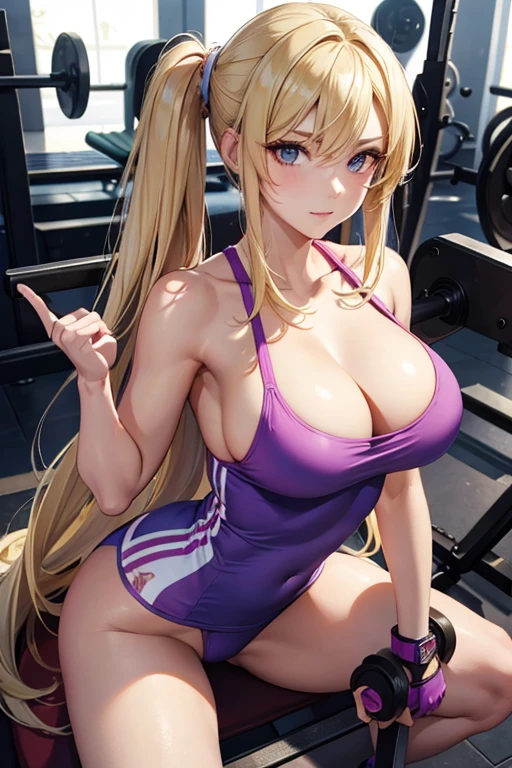 beautfull woman, nice outfit, well-detailed face, detailedeyes, whole body, hair blonde, doing sensual gym poses.