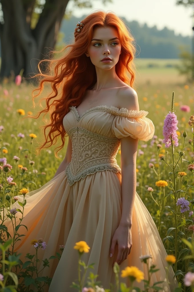 a beautiful princess with loose orange hair and dark brown eyes wearing a beautiful dress, standing in a Victorian meadow 