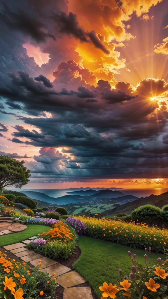 a beautiful lush garden, orange flowers in bloom, serene and peaceful landscape, dynamic lighting, dramatic sky with clouds, ultra-detailed, photorealistic, 8k, highly detailed, masterpiece, vibrant colors, warm color tones, natural lighting, stunning scenery, breathtaking vista, cinematic composition, environmental portrait