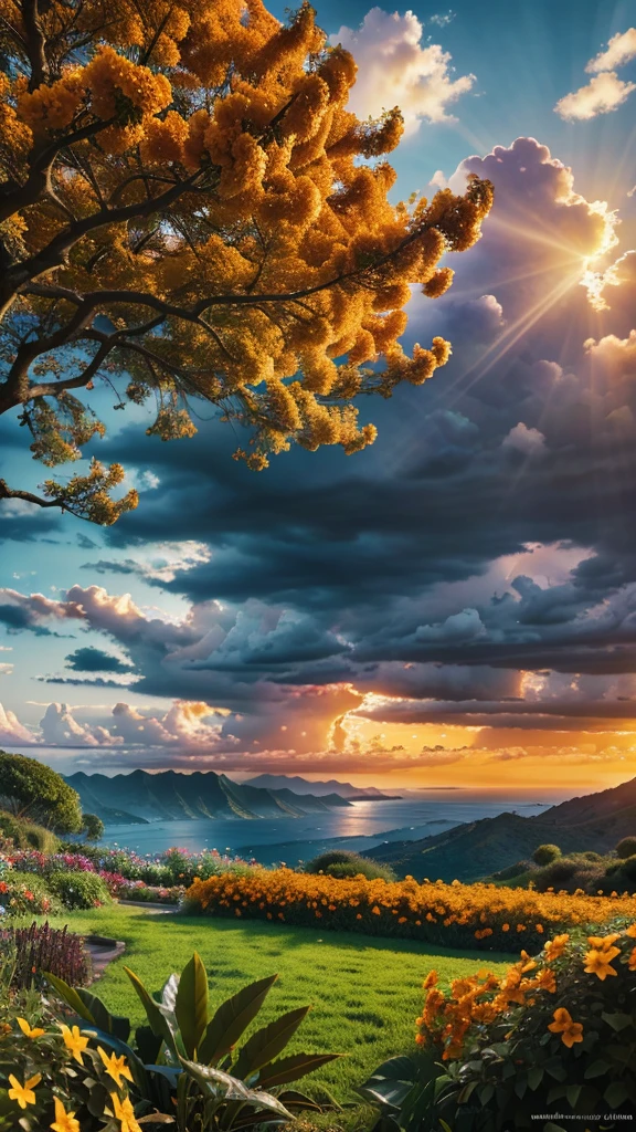 a beautiful lush garden, orange flowers in bloom, serene and peaceful landscape, dynamic lighting, dramatic sky with clouds, ultra-detailed, photorealistic, 8k, highly detailed, masterpiece, vibrant colors, warm color tones, natural lighting, stunning scenery, breathtaking vista, cinematic composition, environmental portrait