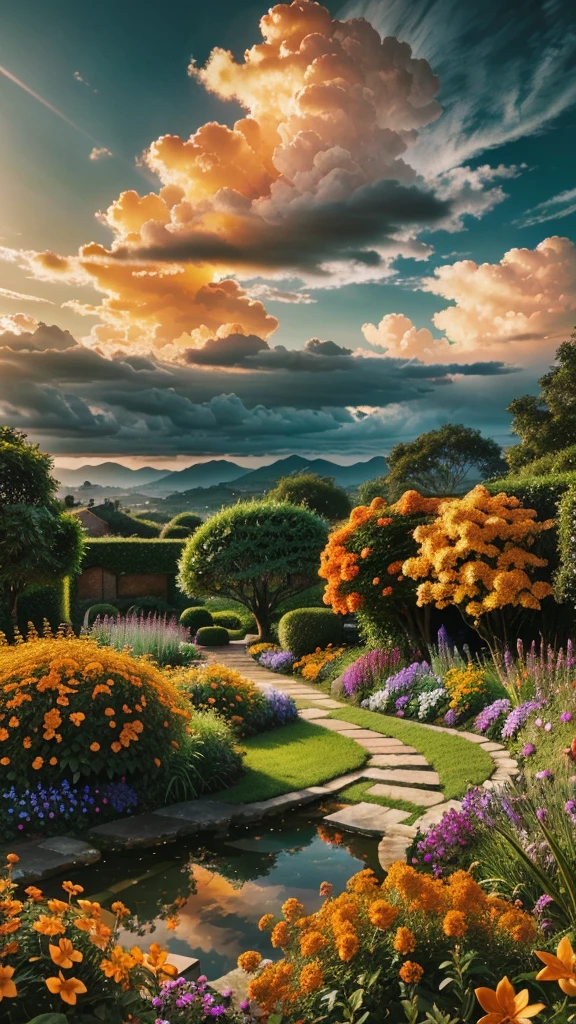 a beautiful lush garden, orange flowers in bloom, serene and peaceful landscape, dynamic lighting, dramatic sky with clouds, ultra-detailed, photorealistic, 8k, highly detailed, masterpiece, vibrant colors, warm color tones, natural lighting, stunning scenery, breathtaking vista, cinematic composition, environmental portrait