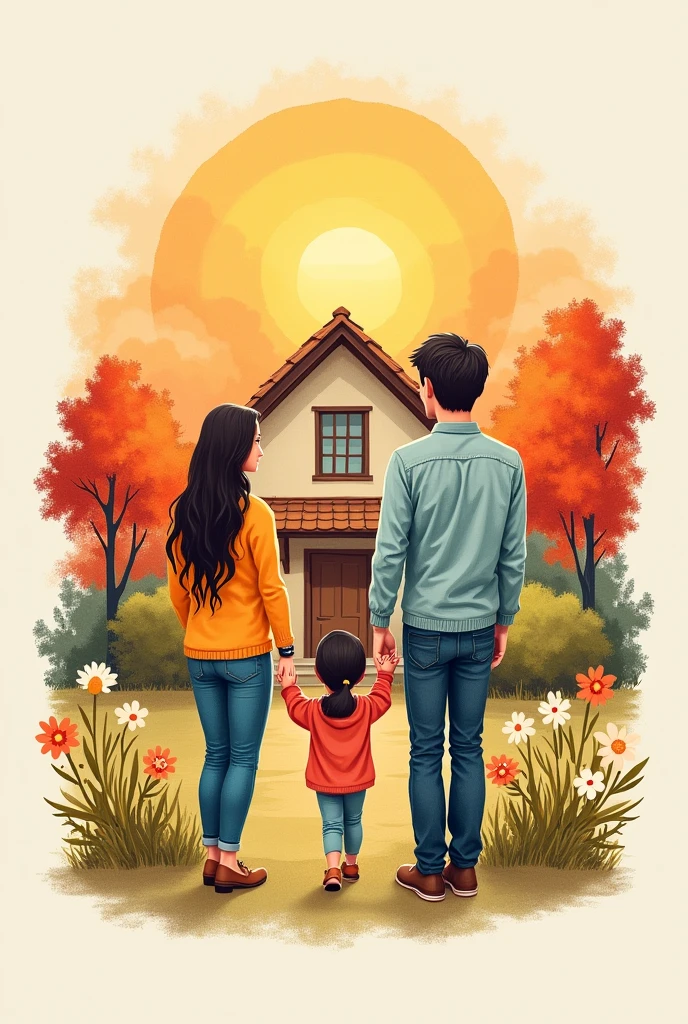 A simple but beautiful family crest to color that contains elements within the crest such as a house with simple people without faces drawn in front holding hands with a sunny sunset landscape symbolizing the family.    

