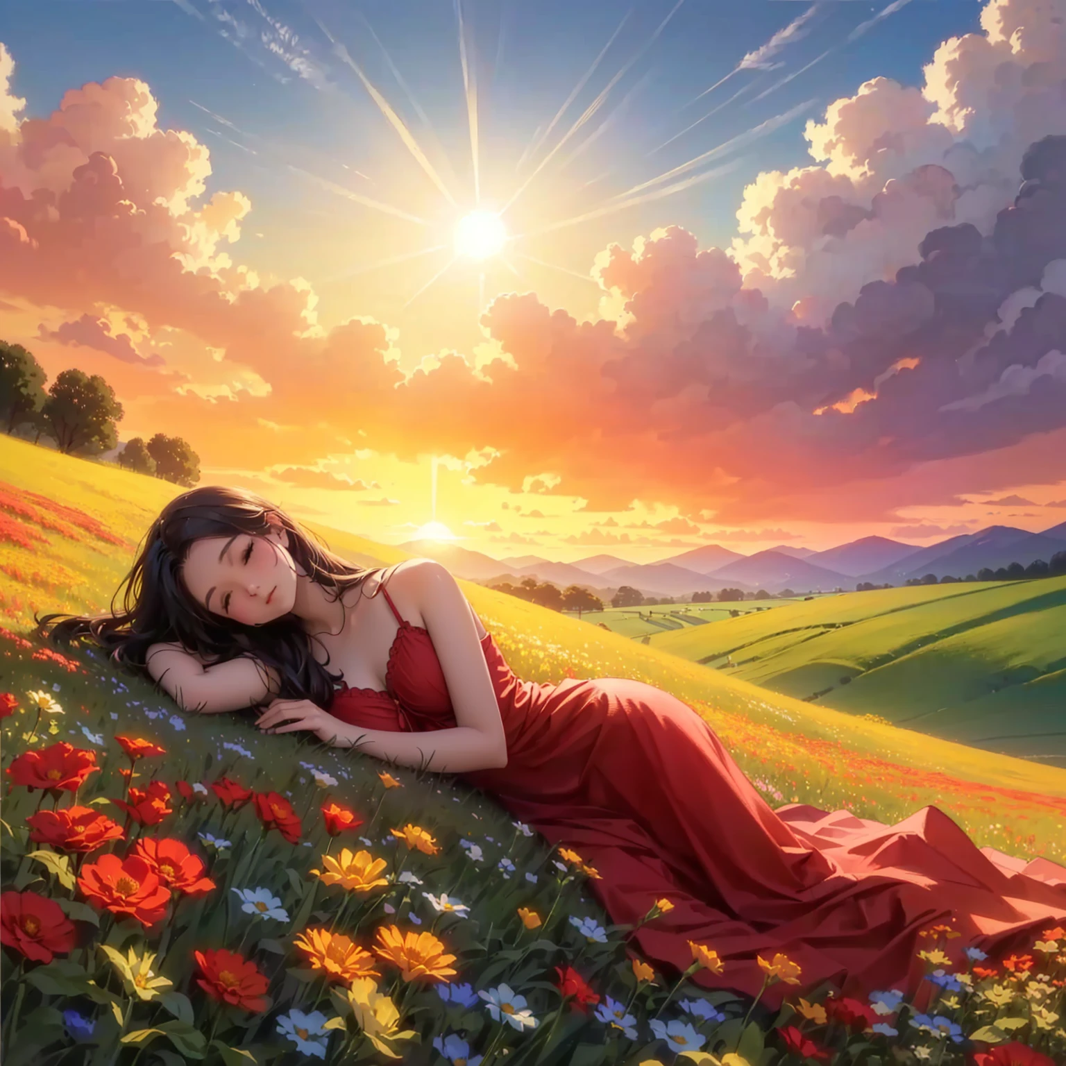 Painting of a woman lying in a field of flowers, By rads, Rhinoceros!!!, Rhinoceros!, Rhinoceros and lois van baarle, warm beautiful scene, inspired By rads, A dreamlike sunrise, beautiful paintings, UHD 4K beautiful art, floating in a field of flowers, Rhinoceros and thomas kinkade, sunbathe