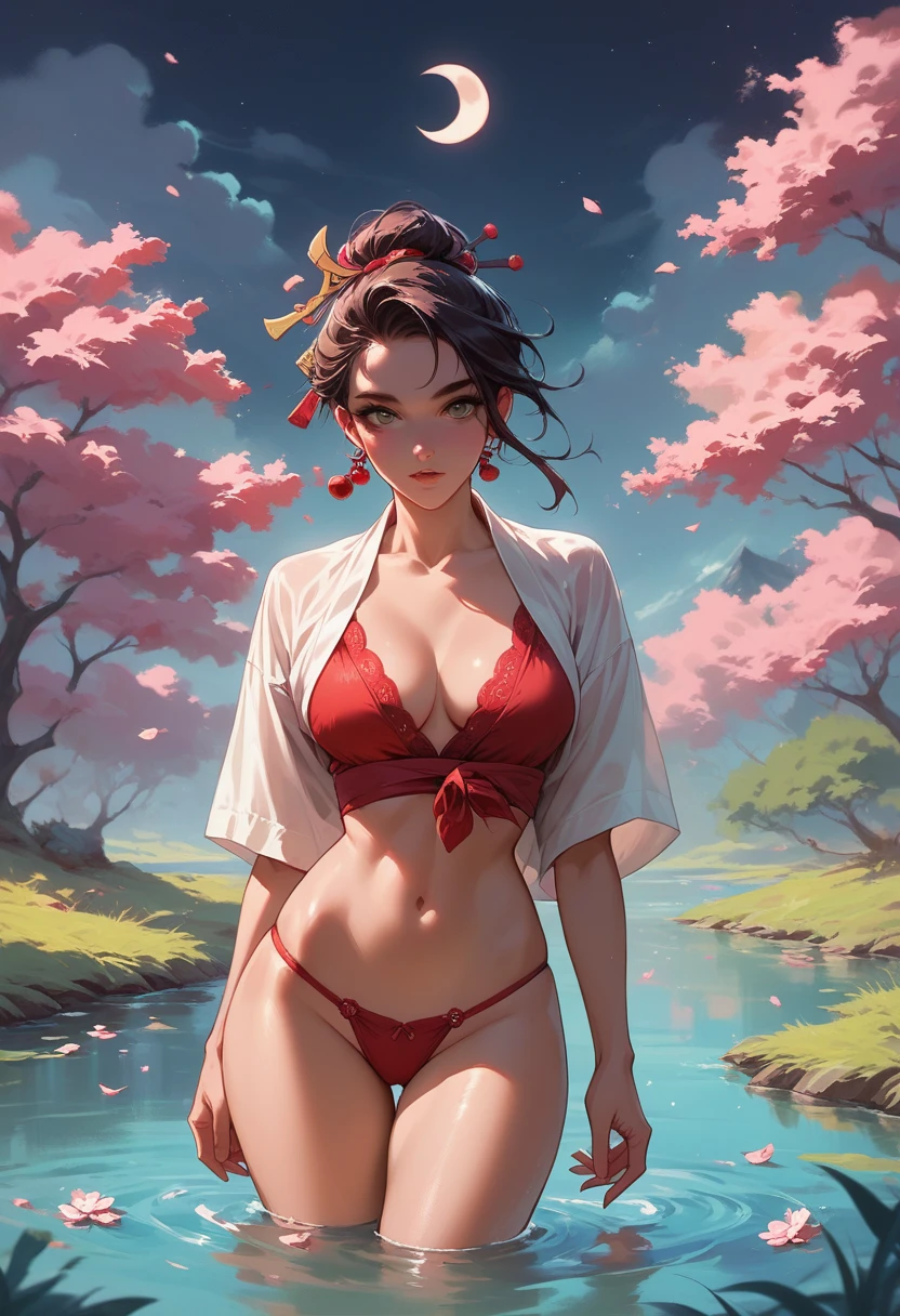 A cherry blossom tree with the moon in the background, A lake associated with the moon and someone wearing red underwear,night,Mist