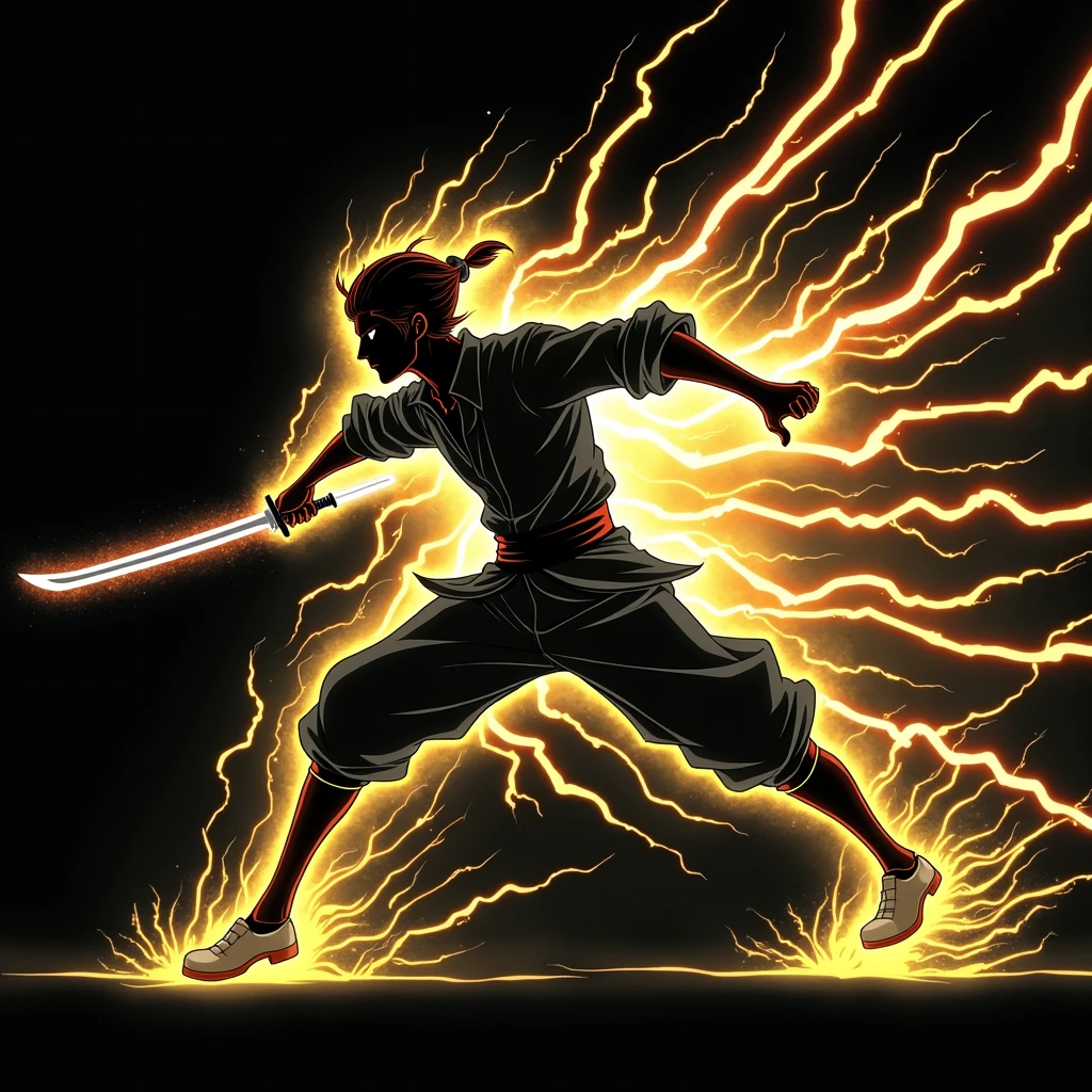 .((Best Quality)), ((masterpiece)), ((detailed)), ((High Definition)), an electric aura of sword cuts in anime style, all the red lightning color, with the black silhouette of a swordsman in the center, dynamic movements, fighting pose, sword thrust, running fast forward, with the lightning on its back, cutting the air, As it advances, technique, of the red lightning sword god . With a black background.