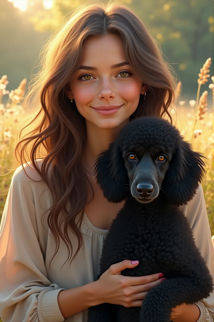 A girl with brown hair and brown eyes with a black poodle and both of them being very pretty