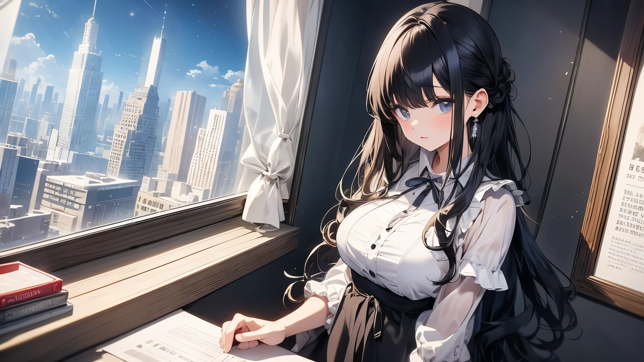 Ultra-high resolution, 8k, (masterpiece, mysterious:1.2), Works by Makoto Shinkaisei, Lo-fi feeling, Perfect human body engineering, 1 female, mysteriousな瞳, Her charm is her beautiful eyes, Idol, White ruffle dress, Shiny long black hair, Larger than average bust, Listening to music through headphones, Looking out the window, Room with musical instruments, city view from the window, impressive cityscape, Bright sky, meteor, Wide-angle, Before dusk, Break time during composition, Coffee in a mug,