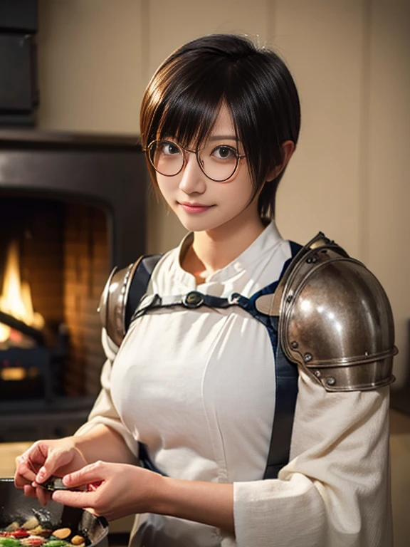 20 year old Japanese beauty,One person、Muscular body like a bodybuilder、Emphasize the breasts、Slit eyes、A head-to-toe view,Bust is very very large、The background is a medieval European kitchen、High quality photos、Clear, crisp images of the lower body、Masterpiece 8k、Ecstatic face、Wearing Japan armor、Stirring stew in a kamado (traditional Japanese stove)、Wearing glasses、Yuffie Kisaragi from FF7、