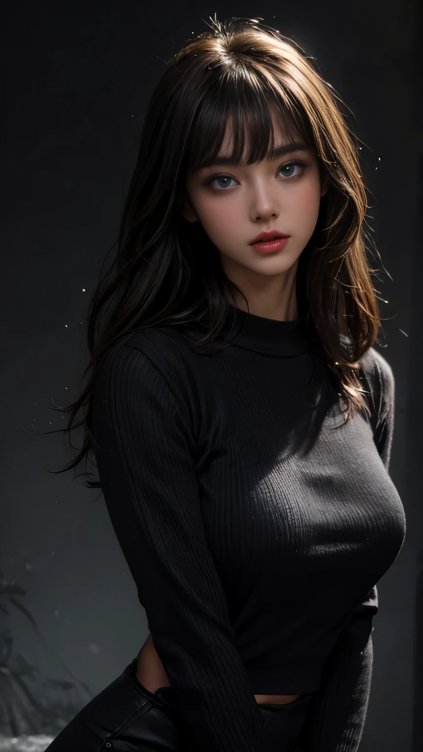 masterpiece, best quality, ultra-detailed, facing the camera head on, intricately detailed hyperdetailed, realistic, sharp features, highly detailed, sharp focus, perfect face, perfect face, perfect symmetrically perfect eyes, perfect full lips, flexible female form, cinematic, film light, hyper detailed, hyper realistic, masterpiece, atmospheric, high resolution, vibrant, dynamic studio lighting, nsfw, ((Dark background)), Sexy face, Facial expressions when receiving pleasure, straight Bangs, blue Eyes, black sweater,