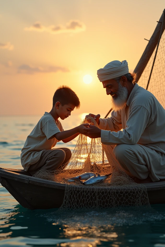 The boy helps his Muslim father remove small fish from the net on the boat.