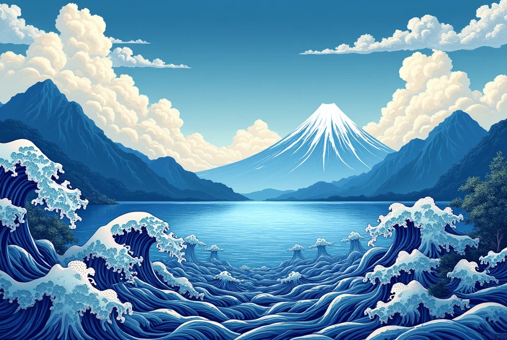 Traditional Japanese patterns Detailed Intricate Waves　Sea Mountain Sky　Visually appealing Rich colors Deep indigo Traditional Japan Traditional Japanese art and culture Challenging Satisfying Digital art　Beautiful art　Digital Painting　Detailed Art　4K detailed digital art