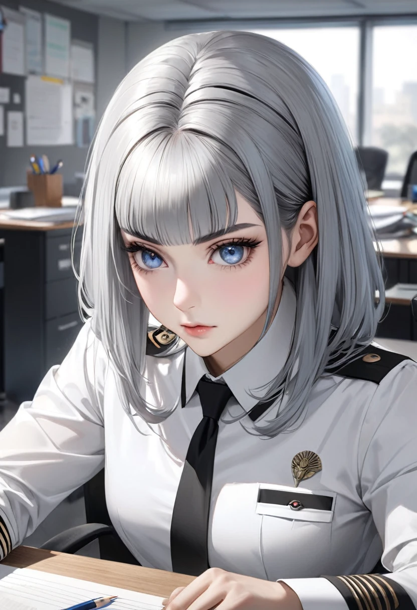 1 person male Silver Cleopatra hairstyle Silver Eyebrows trimmed bangs Light blue eyes Black and white uniform Working at a desk in the office Realistic
