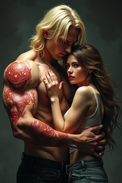 Make a long-haired blond muscle man with black pants and boots and red tattoos on his body with demonic symbols, hugging a short woman with light brown hair, large eyes and college clothes 