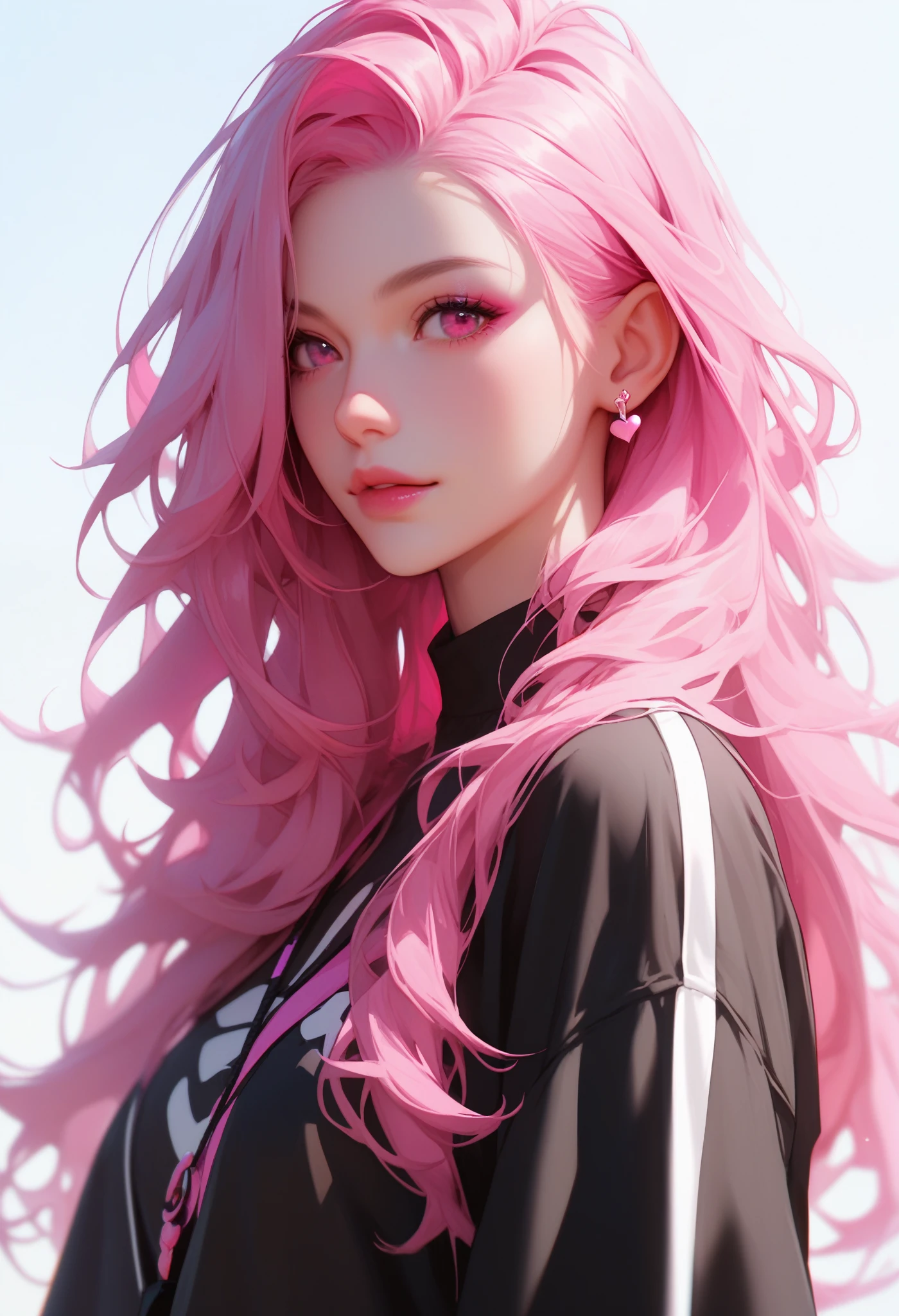 Pink hair, dark pink eyes, spot under the right eye, long hair, black clothes
