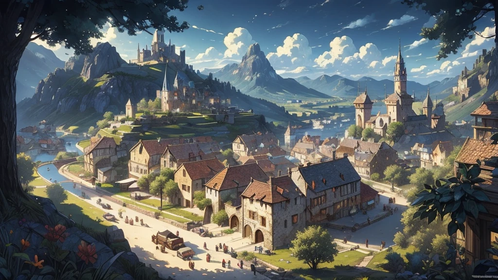 ((masterpiece)),((Highest quality)),((High Detail)),nobody,background, fantasy,Medieval town, noon, Top view