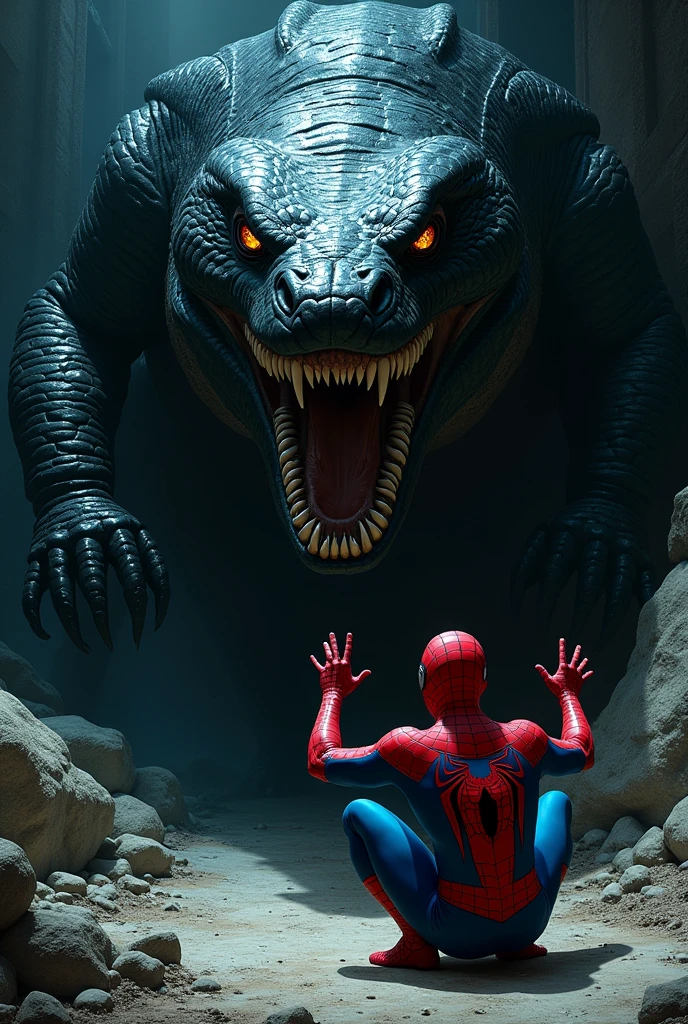 Spider-Man afraid from very big anaconda and Spiderman kneeling down in front of a very big black anaconda and raise his hands in fear