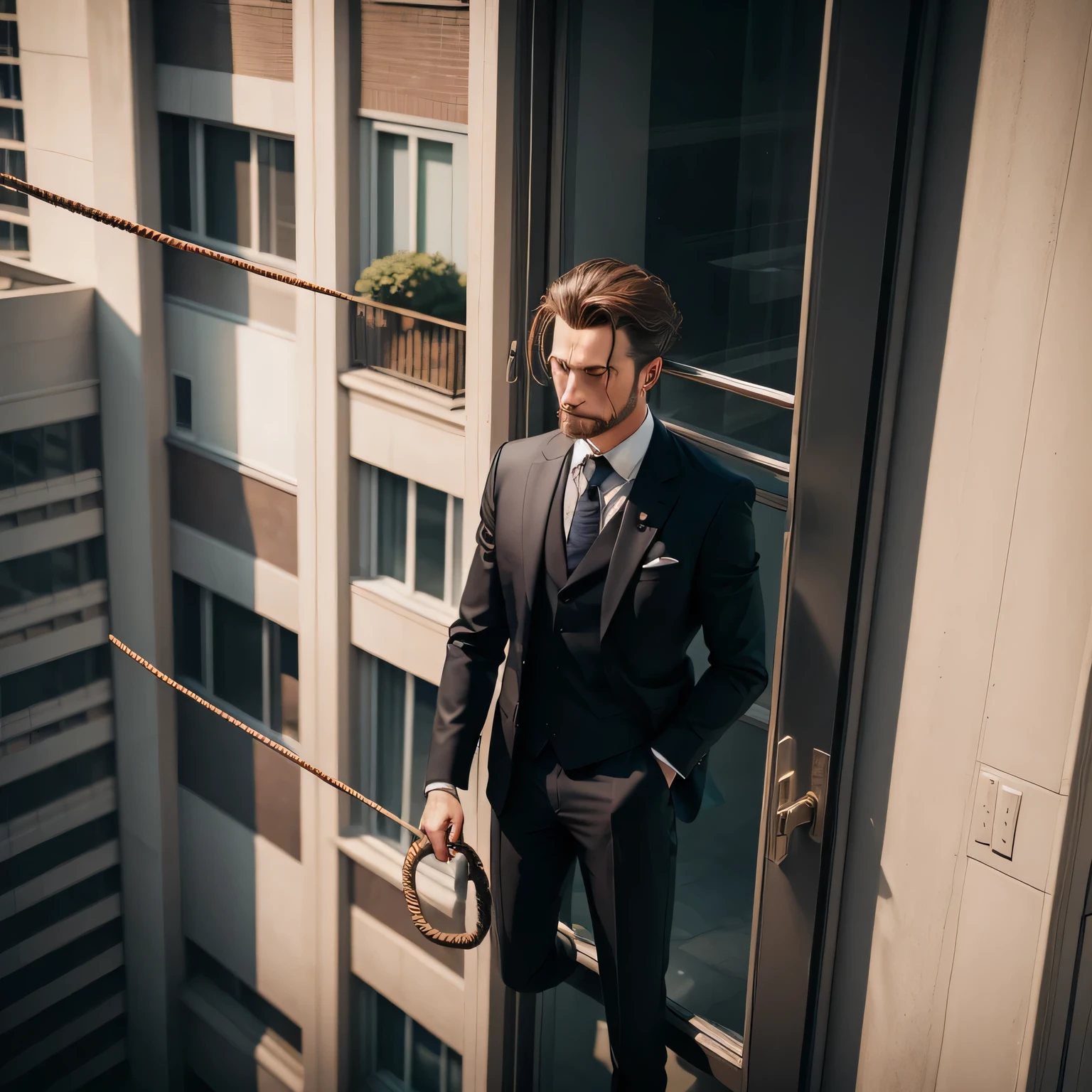 A man in a suit hanging from a rope outside a building window