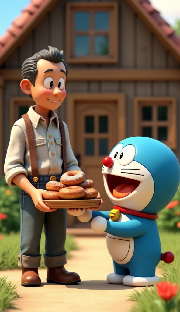 Uncle Tam, the farmer, gives Doraemon donuts., The cheerful face behind is a wooden house.Sharp 3D image,