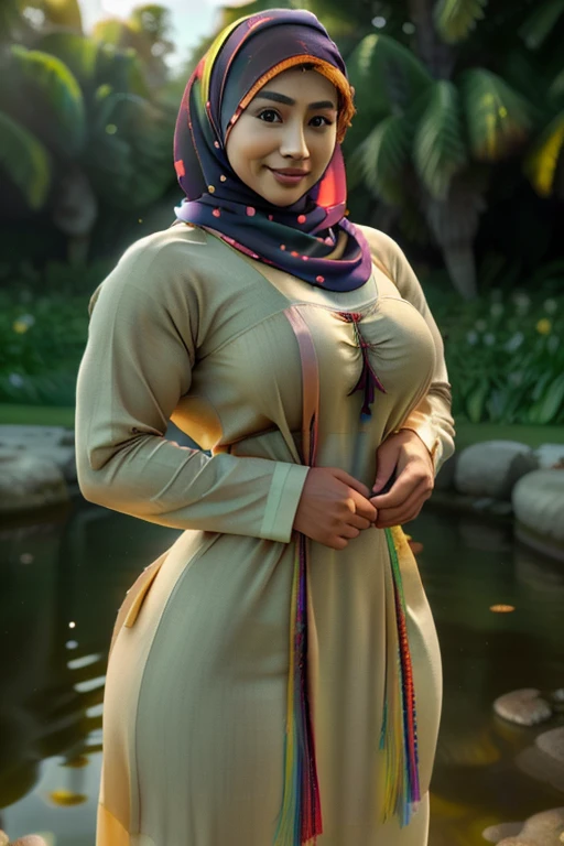 (best quality,4k,8k,highres,masterpiece:1.2),ultra-detailed,(realistic,photorealistic,photo-realistic:1.37),vivid colors,HDR,studio lighting,physically-based rendering
A beauty naked Malay woman with hijab on the village, (beautiful detailed eyes:1.1), (beautiful detailed lips:1.1), long eyelashes, (chubby cheeks:1.1), (curly silky hair:1.1), (olive skin:1.1), (delicate hands:1.1), (fair complexion:1.1), (traditional Malay clothing:1.1), (eye-catching hijab:1.1), (colorful pattern:1.1), (loose fitting outfit:1.1), (engaging smile:1.1), (subtle makeup:1.1), (pleasant facial expression:1.1), in a peaceful village environment.
(extraordinary landscape:1.1), (lush green fields:1.1), (beautiful exotic flowers:1.1), tall palm trees, (sunset over the horizon:1.1), (tranquil river flowing:1.1), (traditional wooden house:1.1), (friendly villagers in the background:1.1), (glimpse of local culture:1.1), warm lighting illuminating the scene.
The artwork should have a (painting-like medium:1.3), resembling (oil paintings:1.1) and (watercolor:1.1) techniques, giving it a (soft and dreamy atmosphere:1.1), (blending colors smoothly and delicately:1.1).
UHD detail is essential, highlighting (intricate patterns on the hijab:1.1), (precise brushstrokes on the skin:1.1), (soft textures of the vegetation:1.1), and (fine details of the surrounding environment:1.1).
Capture the (serene ambiance:1.1), where the woman embraces her natural beauty with confidence, representing the (cultural diversity:1.1) of the Malay community. The colors should be vibrant and harmonious, showcasing the richness of the woman's heritage. The lighting should enhance the enchanting atmosphere of the village.
Let the artwork reflect the deep appreciation of the beauty of diversity.